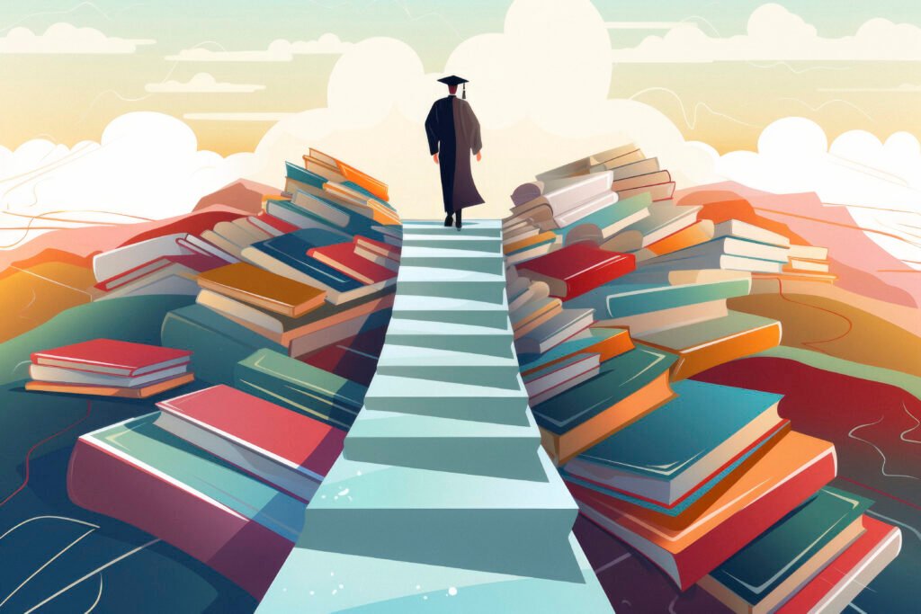 A student crossing a bridge made of books towards a graduation cap, symbolizing the educational journey leading to achievement. illustration, cartoon flat illustration, flat illustration, vector style --ar 3:2 --v 5.2 Job ID: 04af6d86-afe5-4f22-a5e5-03f7ead4af5c